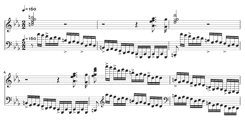 Die ersten Takte von Étude in C minor, Op. 10 No. 12 ("Revolutionary") von Frédéric Chopin in Notenschrift.