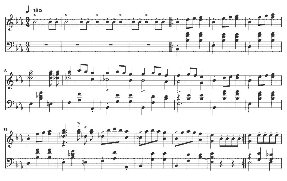 The opening bars of Grande valse brillante in E-flat major, Op. 18 by Frédéric Chopin in music notation.