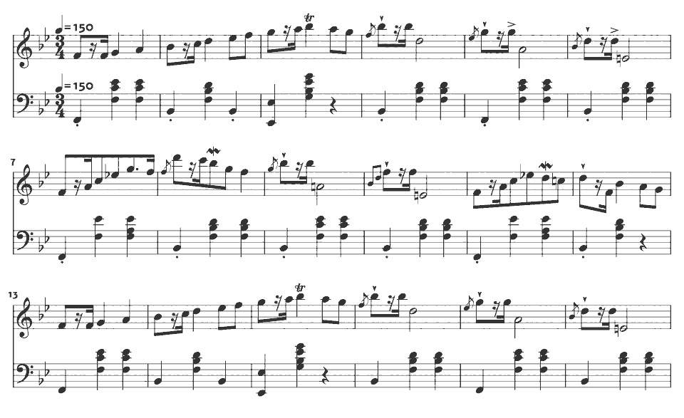 The opening bars of Mazurka in B-flat major, Op. 7 No. 1 by Frédéric Chopin in music notation.