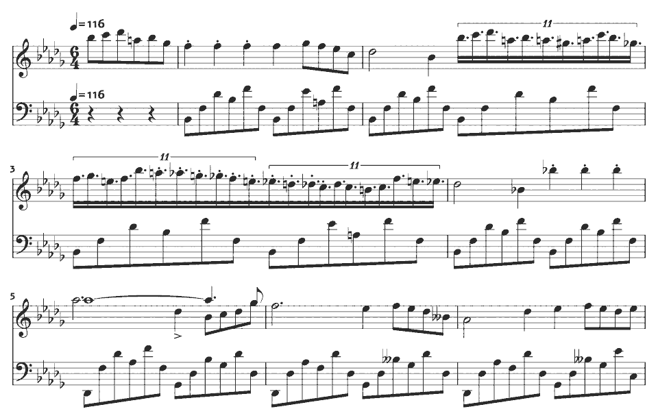 Die ersten Takte von Nocturne in B-flat minor, Op. 9 No. 1 von Frédéric Chopin in Notenschrift.