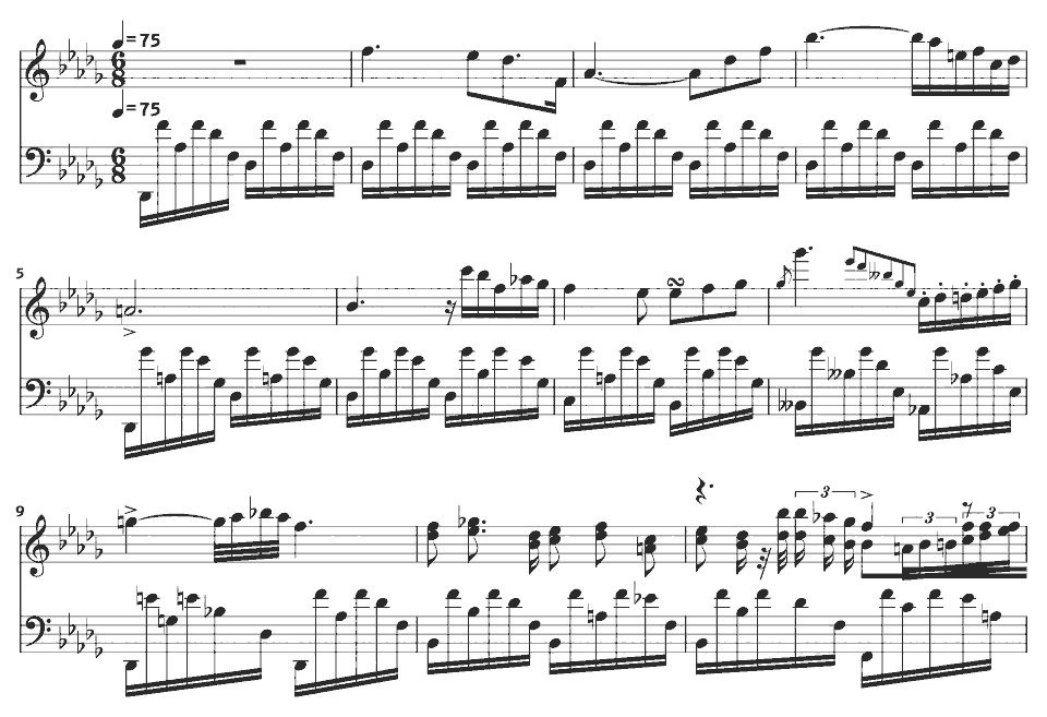 Die ersten Takte von Nocturne in D-flat major, Op. 27 No. 2 von Frédéric Chopin in Notenschrift.