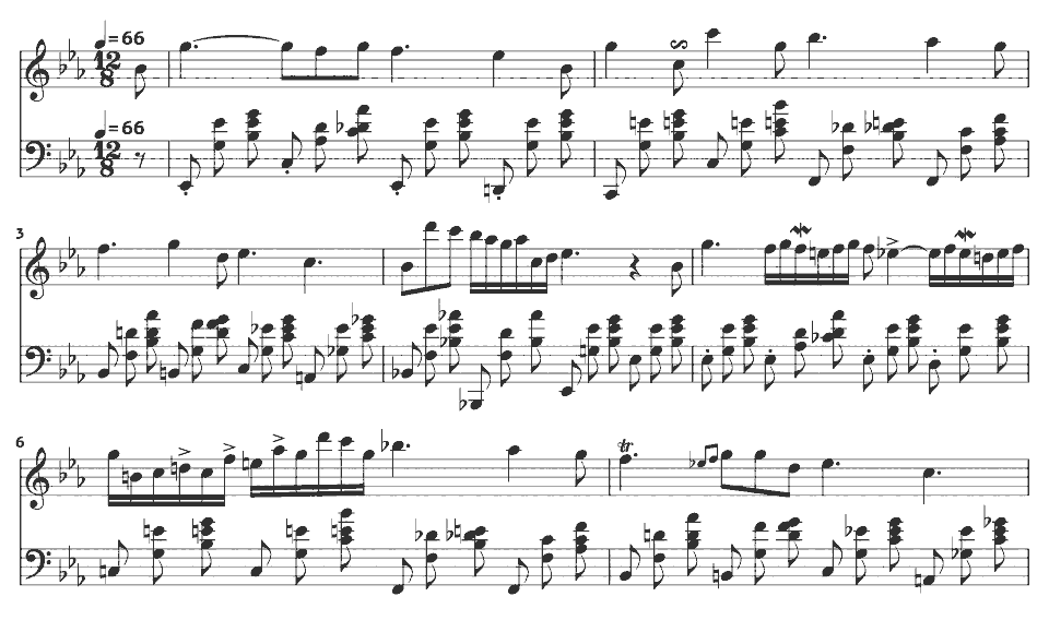 Die ersten Takte von Nocturne in E-flat major, Op. 9 No. 2 von Frédéric Chopin in Notenschrift.