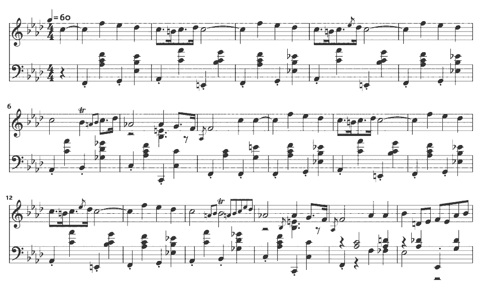 Die ersten Takte von Nocturne in F minor, Op. 55 No. 1 von Frédéric Chopin in Notenschrift.
