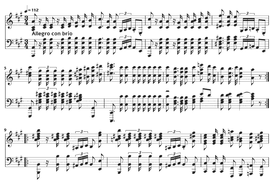 Die ersten Takte von Polonaise in A major, Op. 40 No. 1 ("Military") von Frédéric Chopin in Notenschrift.