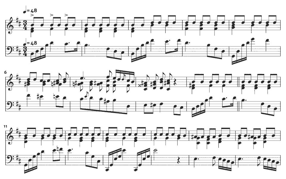 The opening bars of Prelude in B minor, Op. 28 No. 6 by Frédéric Chopin in music notation.