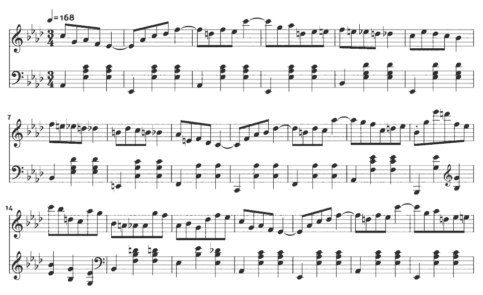 The opening bars of Waltz in A-flat major, Op. 64 No. 3 by Frédéric Chopin in music notation.