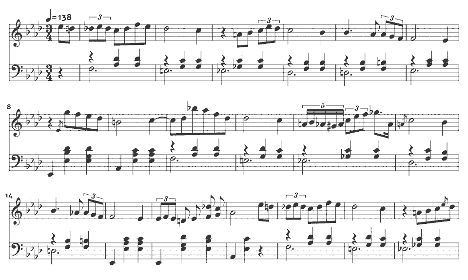 Die ersten Takte von Waltz in A-flat major, Op. 69 No. 1 ("L'Adieu") von Frédéric Chopin in Notenschrift.