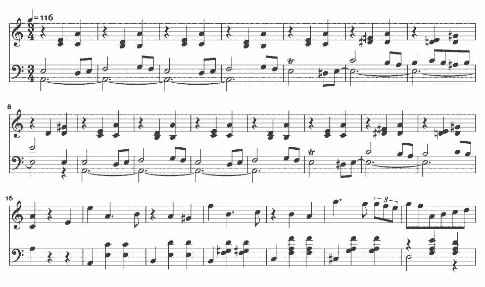 The opening bars of Waltz in A minor, Op. 34 No. 2 by Frédéric Chopin in music notation.
