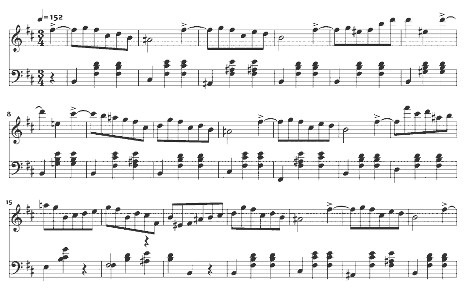 The opening bars of Waltz in B minor, Op. 69 No. 2 by Frédéric Chopin in music notation.