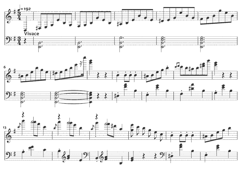 Die ersten Takte von Waltz in E minor, B. 56 von Frédéric Chopin in Notenschrift.