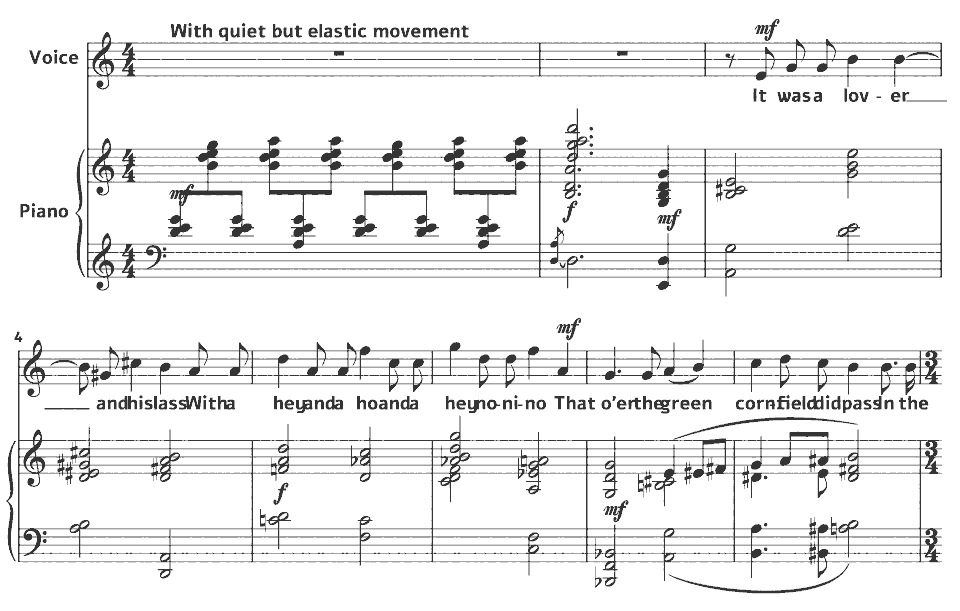 Die ersten Takte von Old English Lyrics: It was a Lover and His Lass von Frederick Delius in Notenschrift.