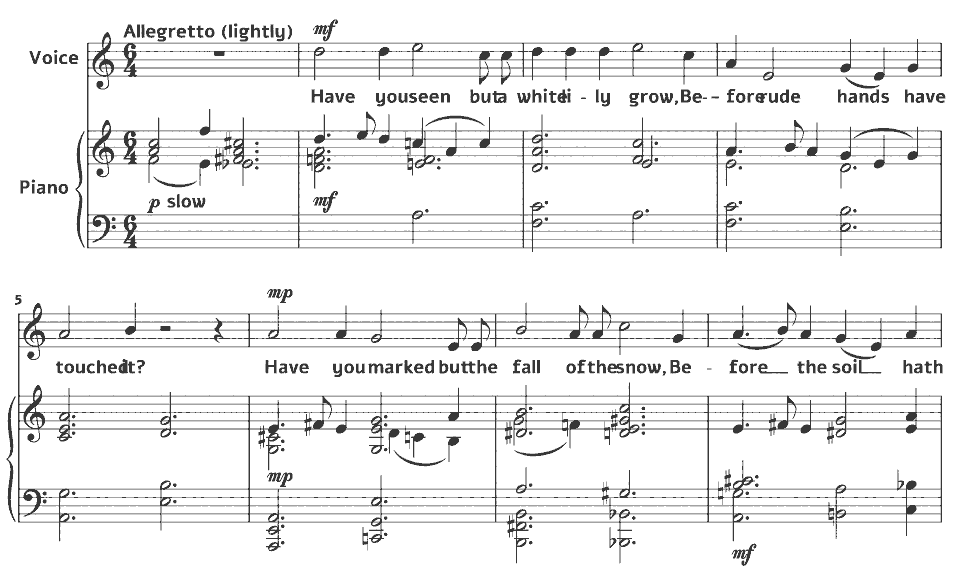 Die ersten Takte von Old English Lyrics: so Soft, so Sweet is She So White von Frederick Delius in Notenschrift.