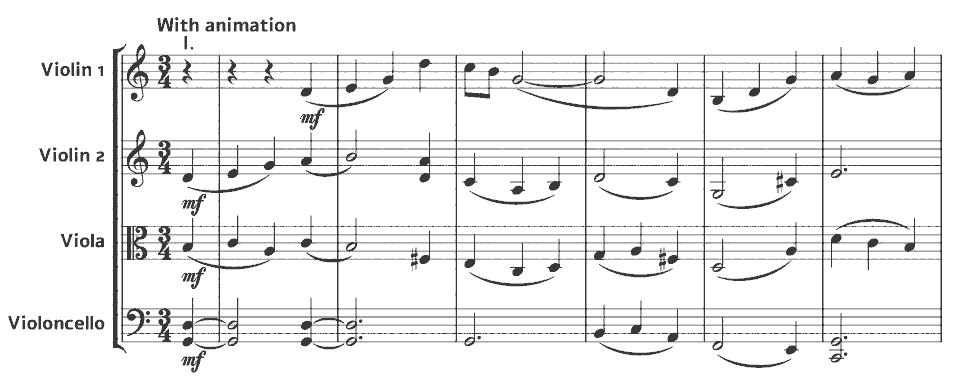 The opening bars of String Quartet in E minor by Frederick Delius in music notation.