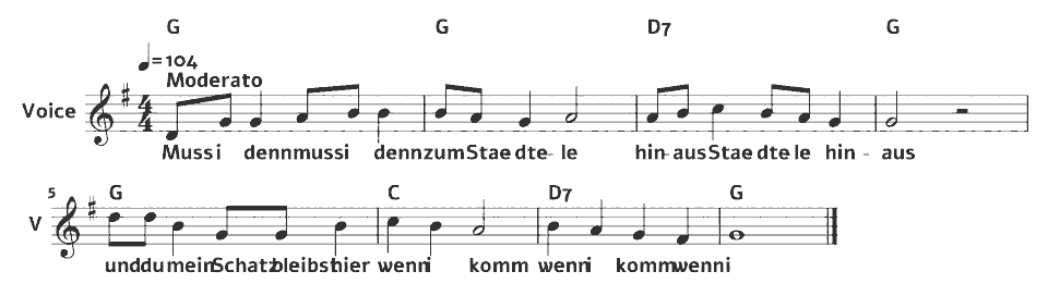 Die ersten Takte von Muss i denn zum Staedtele hinaus von Friedrich Silcher (arr.) in Notenschrift.