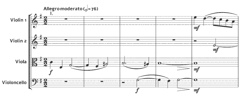 The opening bars of Op.121 String Quartet by Gabriel Fauré in music notation.