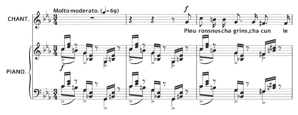 Die ersten Takte von Op.51 Songs: Larmes von Gabriel Fauré in Notenschrift.