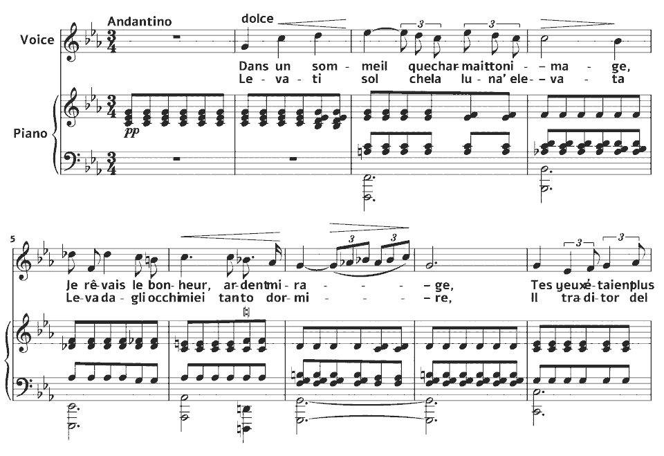 The opening bars of Op.7 Songs: Après un rêve by Gabriel Fauré in music notation.