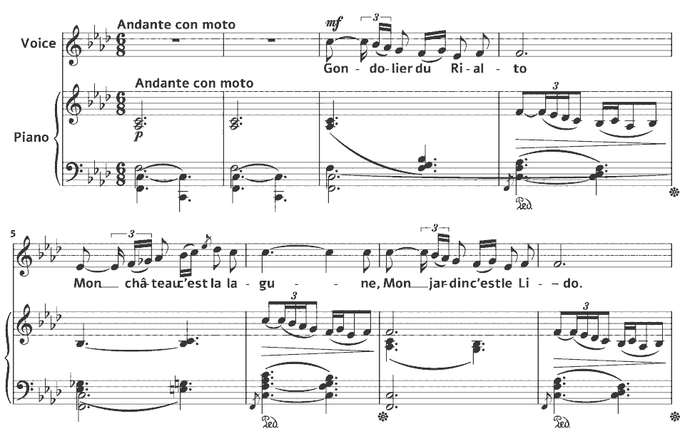 The opening bars of Op.7 Songs: Barcarolle by Gabriel Fauré in music notation.