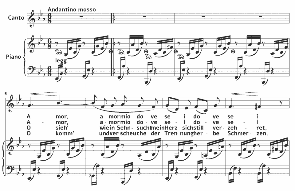 Die ersten Takte von lontan dal cuore, Op.17 Lontan dagli occhi von Gabrielle Ferrari in Notenschrift.