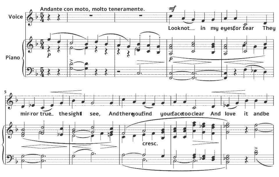 Die ersten Takte von Songs from A Shropshire Lad: Look not in my eyes von George Butterworth in Notenschrift.