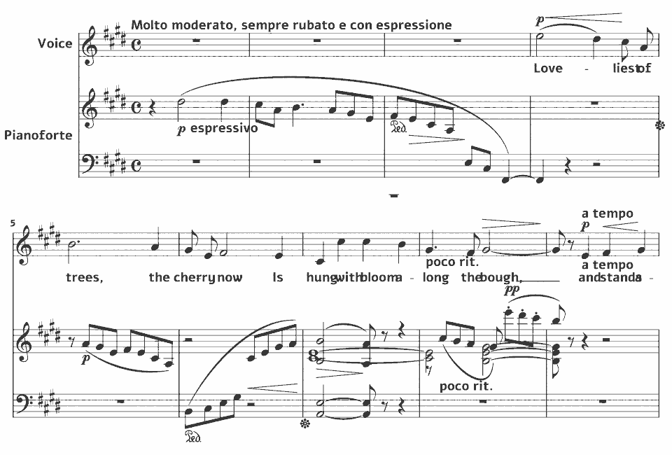 Die ersten Takte von Songs from A Shropshire Lad: the Cherry now Loveliest of trees von George Butterworth in Notenschrift.