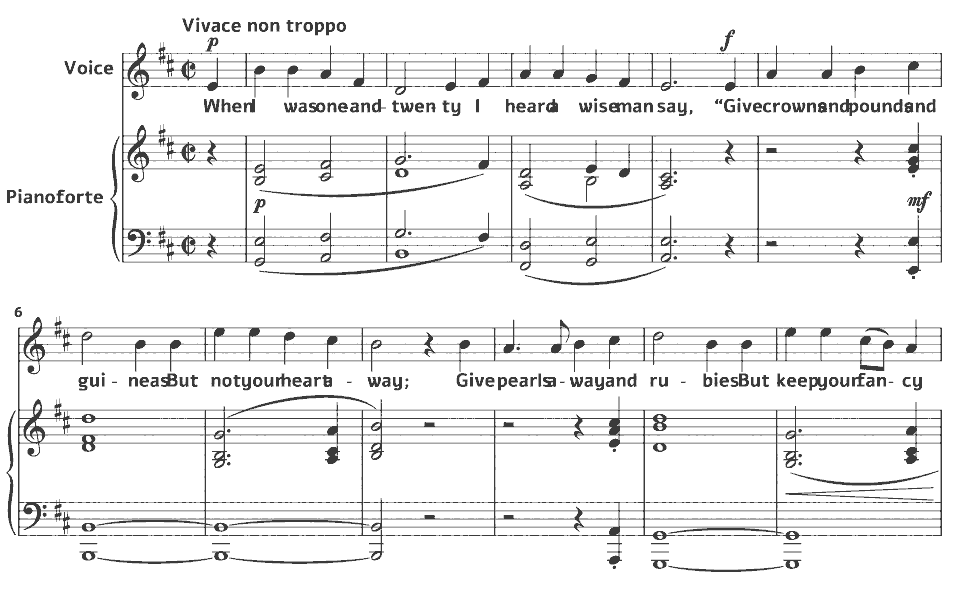 Die ersten Takte von Songs from A Shropshire Lad: When I was one and twenty von George Butterworth in Notenschrift.