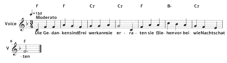The opening bars of Die Gedanken sind frei by German traditional (arr.) in music notation.