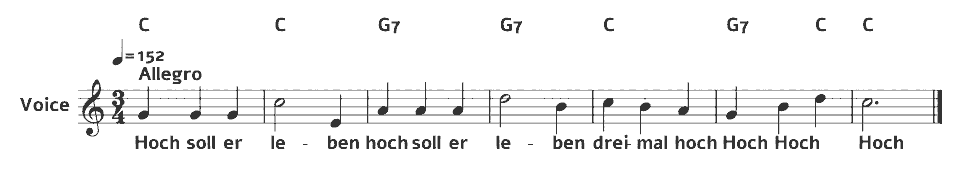 The opening bars of Hoch soll er leben by German traditional (arr.) in music notation.