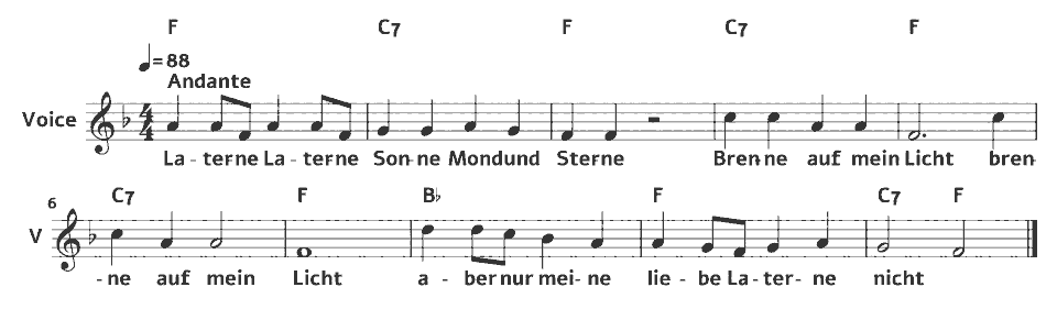 The opening bars of Laterne, Laterne by German traditional (arr.) in music notation.