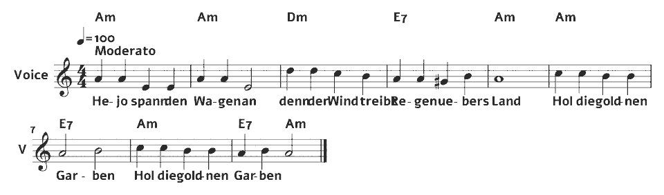 Die ersten Takte von Hejo, spann den Wagen an von German traditional canon (arr.) in Notenschrift.