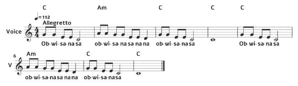 The opening bars of Obwisana by Ghanaian traditional (arr.) in music notation.