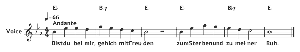 Die ersten Takte von Bist du bei mir, BWV 508 von Gottfried Heinrich Stoelzel (attr. J. S. Bach) (arr.) in Notenschrift.
