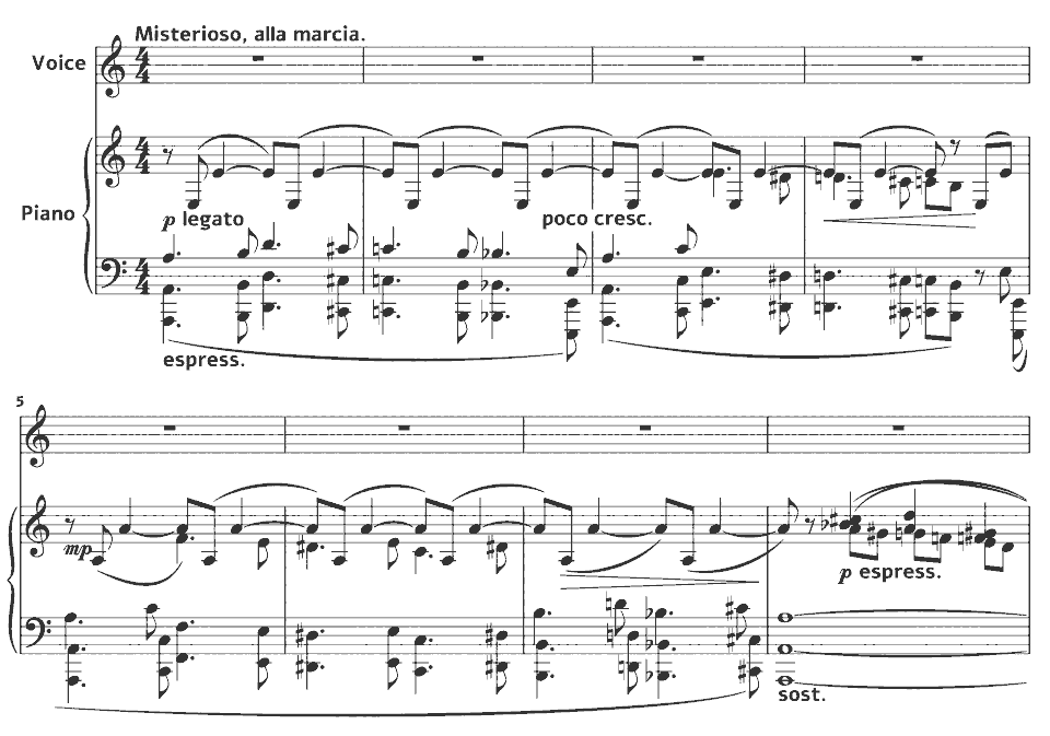 The opening bars of 1st Series Songs from the Chinese Poets: The Ghost Road by Granville Bantock in music notation.