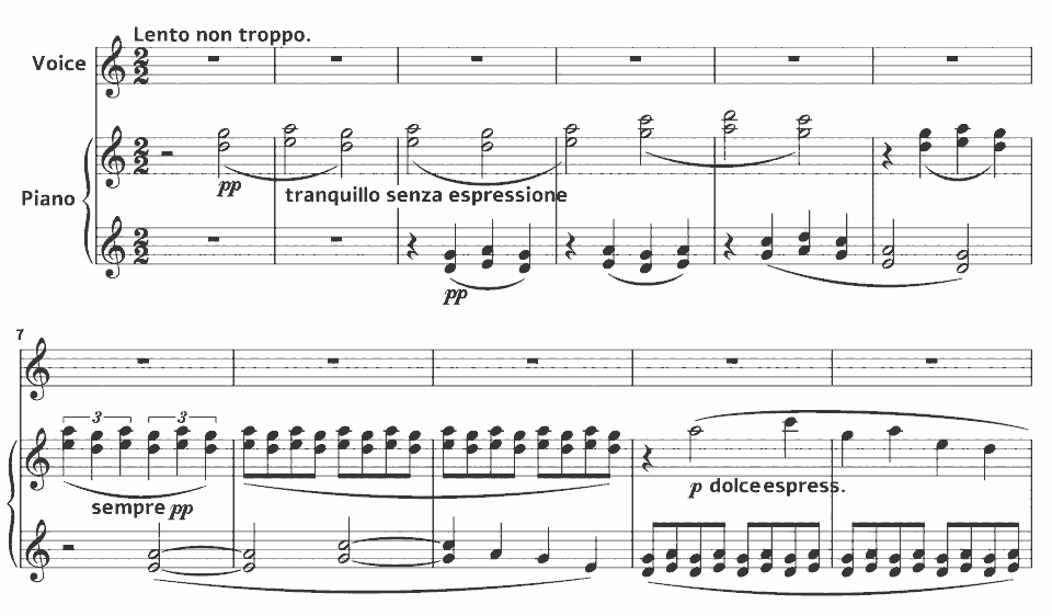 Die ersten Takte von 1st Series Songs from the Chinese Poets: The Old Fisherman of the Mists and Waters von Granville Bantock in Notenschrift.