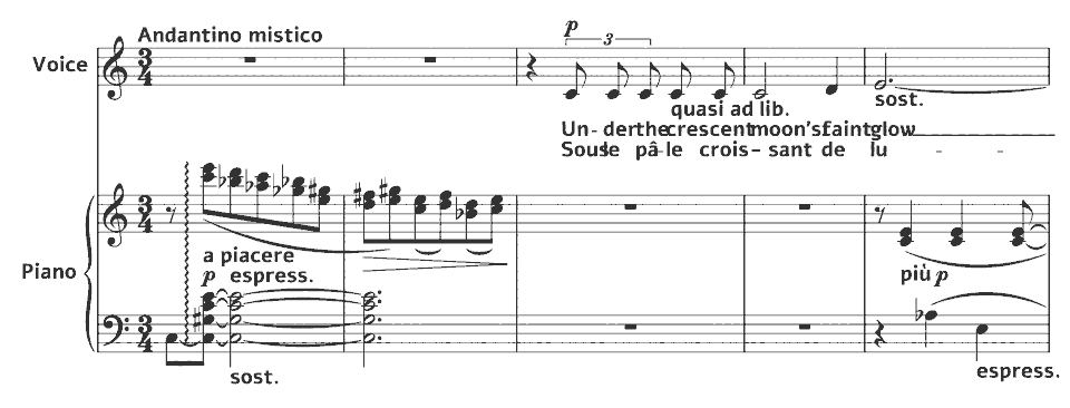 Die ersten Takte von 1st Series Songs from the Chinese Poets: Under the Moon von Granville Bantock in Notenschrift.