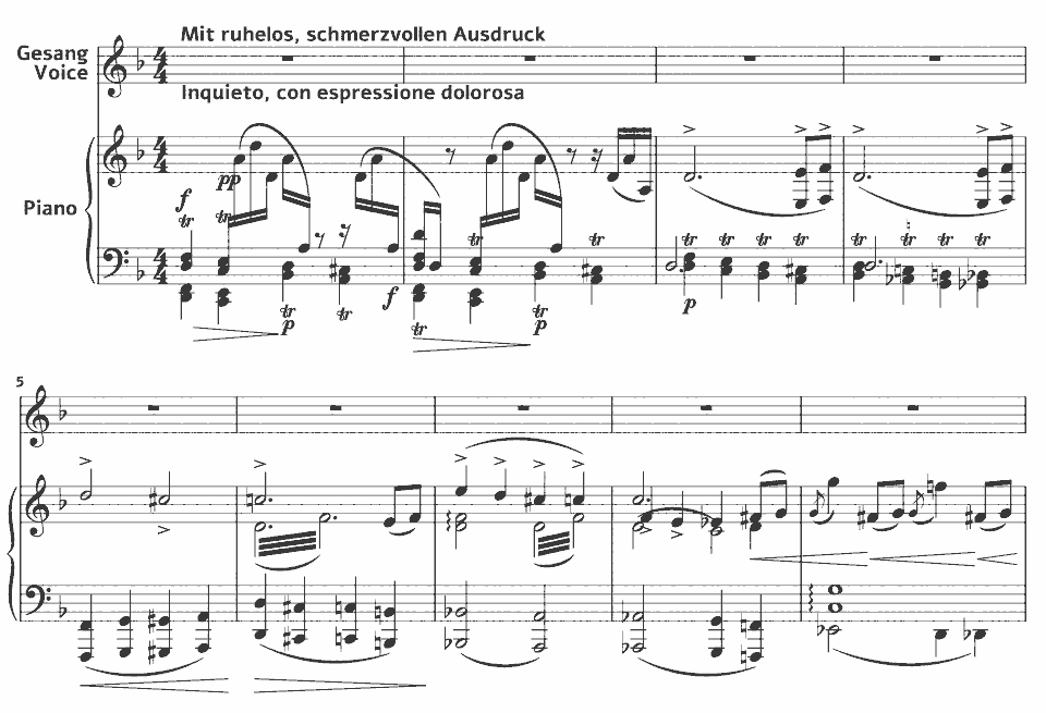 Die ersten Takte von Kindertotenlieder: In diesem Wetter von Gustav Mahler in Notenschrift.