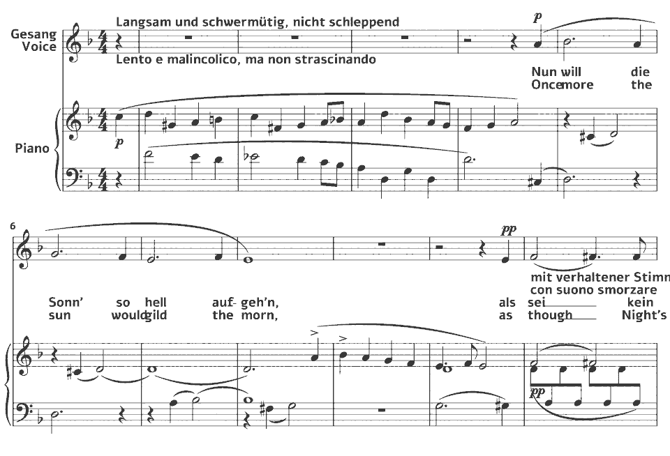 Die ersten Takte von Kindertotenlieder: Nun will die Sonn’ so hell aufgeh’n von Gustav Mahler in Notenschrift.