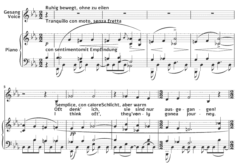 Die ersten Takte von Kindertotenlieder: sie sind nur ausgegangen Oft denk’ ich von Gustav Mahler in Notenschrift.