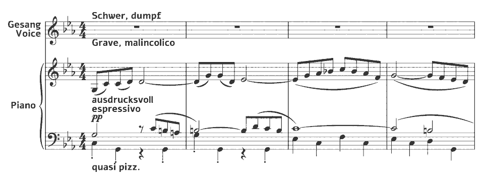 Die ersten Takte von Kindertotenlieder: Wenn dein Mütterlein von Gustav Mahler in Notenschrift.