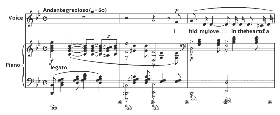 The opening bars of I hid my love by Guy d’ Hardelot in music notation.