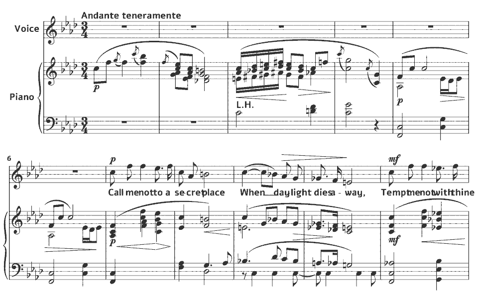 The opening bars of Songs of Laurence Hope: Among the Fuchsias by Harry Thacker Burleigh in music notation.