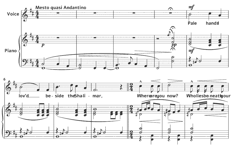 The opening bars of Songs of Laurence Hope: Kashmiri Song by Harry Thacker Burleigh in music notation.