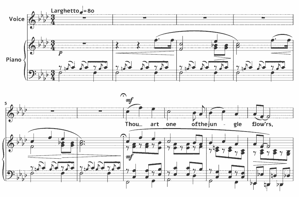 The opening bars of Songs of Laurence Hope: The Jungle Flower by Harry Thacker Burleigh in music notation.