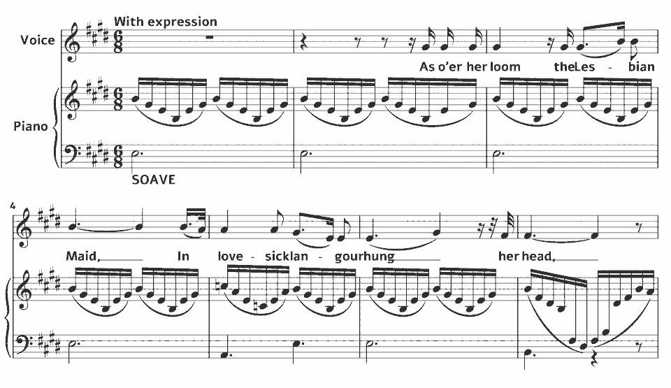 The opening bars of Sappho at her Loom by Henry Bishop in music notation.