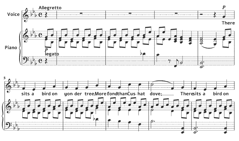 Die ersten Takte von Op.12 Songs: More Fond than Cushat Dove von Hubert Parry in Notenschrift.