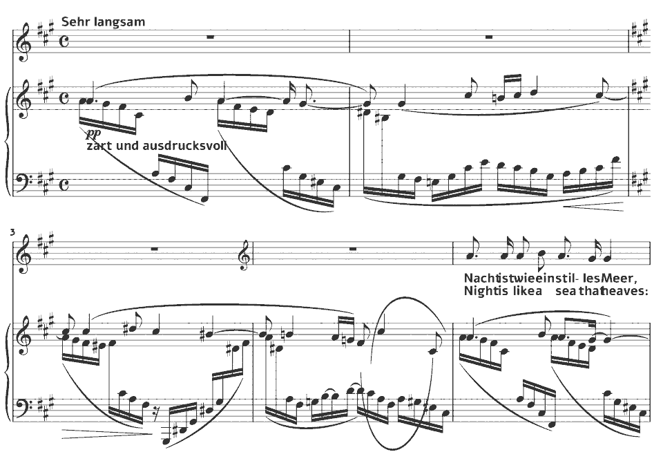 Die ersten Takte von Eichendorff-Lieder: Die Nacht von Hugo Wolf in Notenschrift.