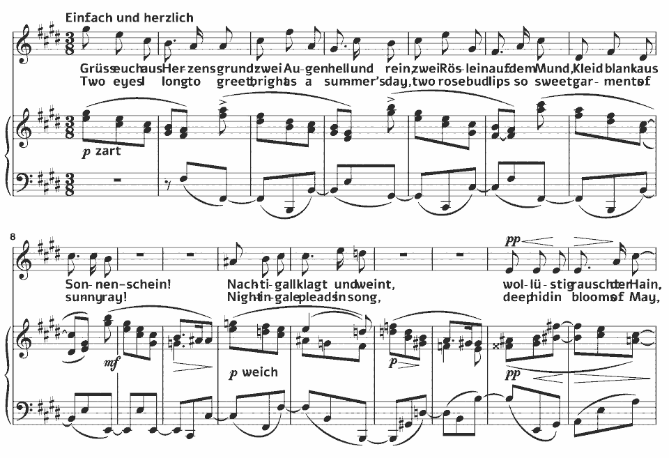 Die ersten Takte von Eichendorff-Lieder: Erwartung von Hugo Wolf in Notenschrift.