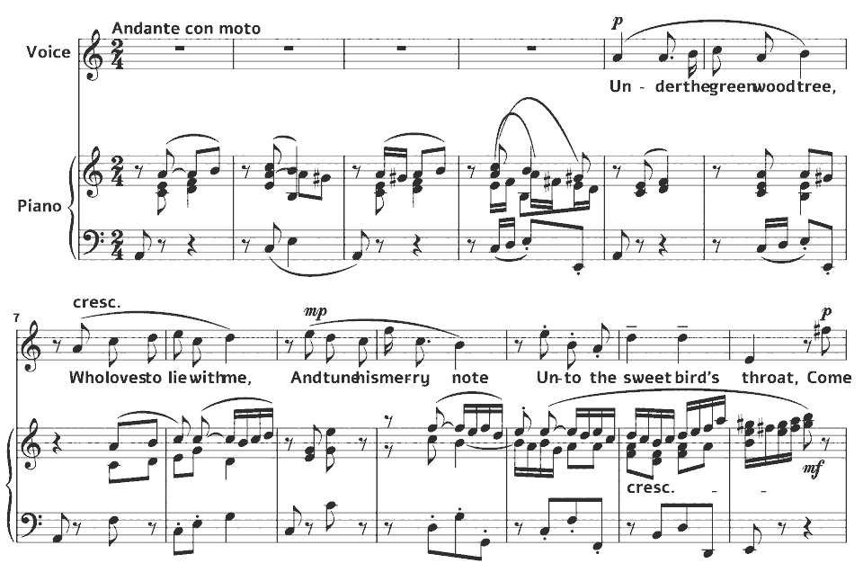 The opening bars of Elizabethan Songs: Under the Greenwood Tree by Ivor Gurney in music notation.