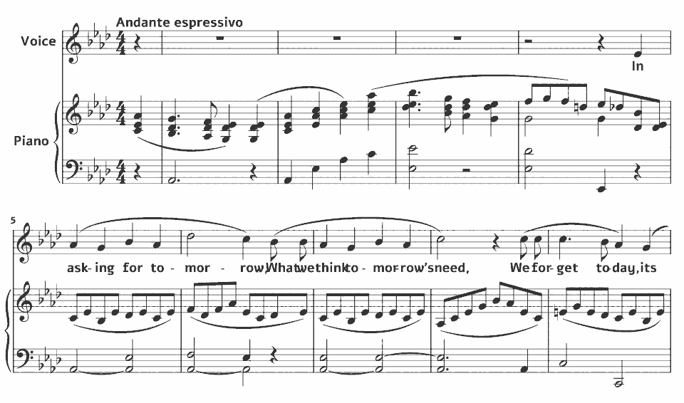 The opening bars of Think of Today by Jane Bingham Abbott in music notation.