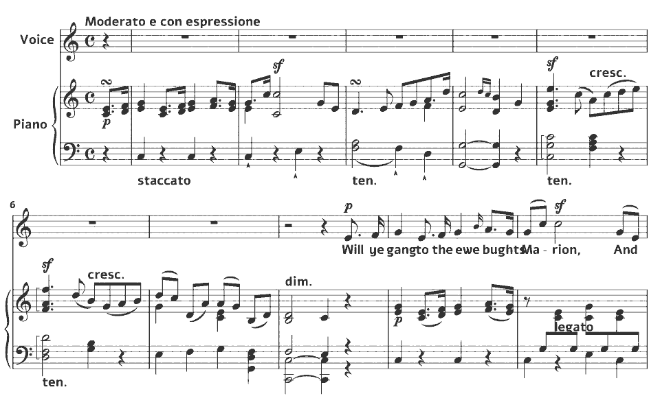 The opening bars of or Will ye gang to the burn side Marion by Jane Mary Guest in music notation.